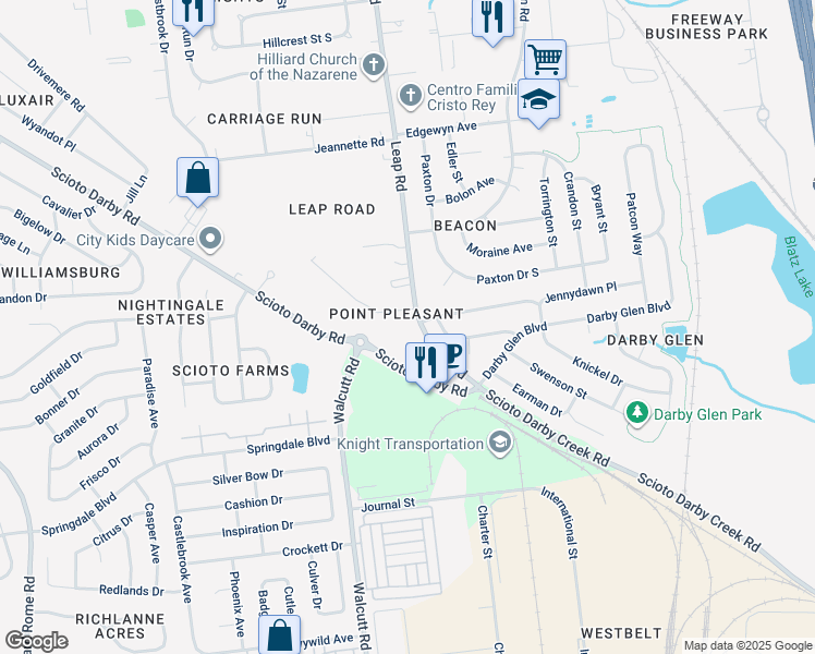 map of restaurants, bars, coffee shops, grocery stores, and more near 3311 Leap Road in Hilliard