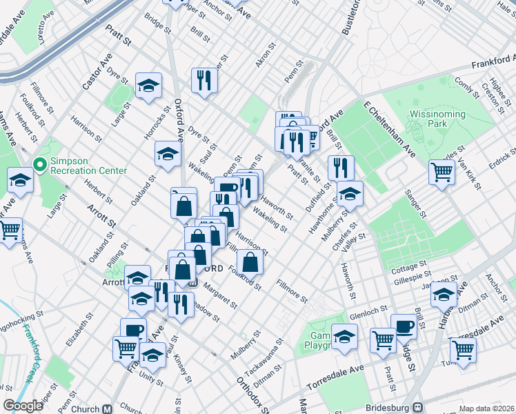 map of restaurants, bars, coffee shops, grocery stores, and more near 1623 Wakeling Street in Philadelphia