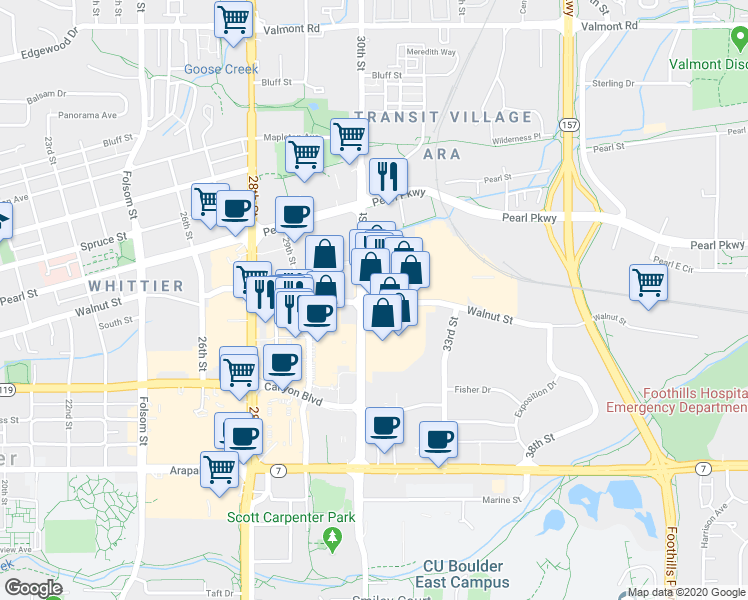 map of restaurants, bars, coffee shops, grocery stores, and more near 3023 Walnut Street in Boulder