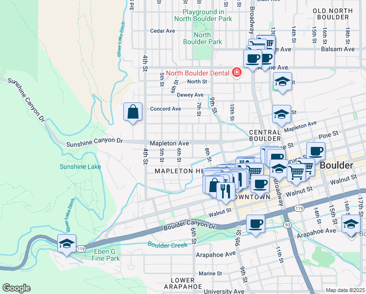 map of restaurants, bars, coffee shops, grocery stores, and more near 615 Highland Avenue in Boulder