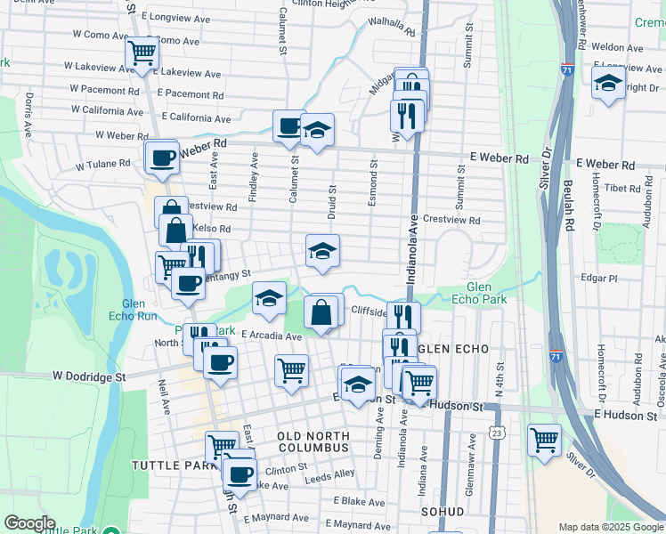 map of restaurants, bars, coffee shops, grocery stores, and more near 253 Olentangy Street in Columbus