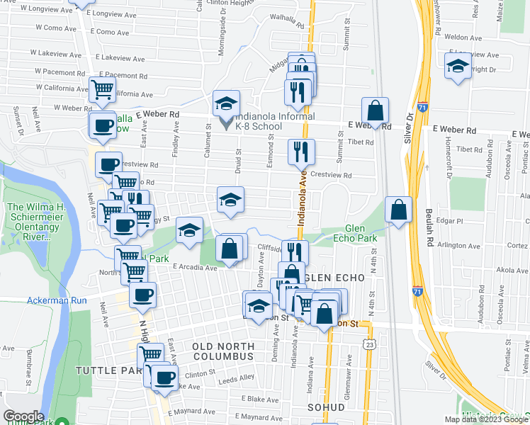 map of restaurants, bars, coffee shops, grocery stores, and more near 315 Olentangy Street in Columbus