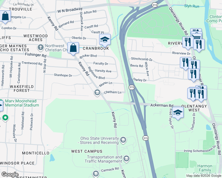 map of restaurants, bars, coffee shops, grocery stores, and more near 952 Chatham Lane in Columbus