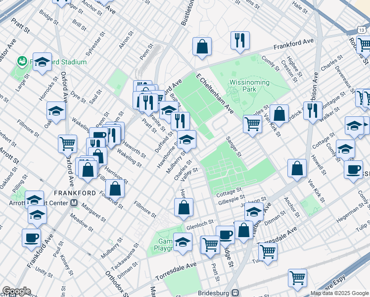 map of restaurants, bars, coffee shops, grocery stores, and more near 1777 Bridge Street in Philadelphia