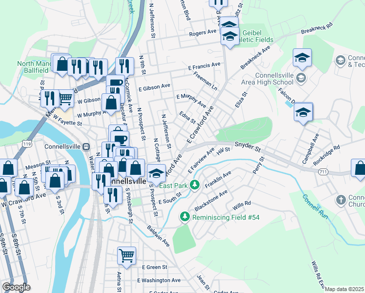 map of restaurants, bars, coffee shops, grocery stores, and more near 305 East Crawford Avenue in Connellsville