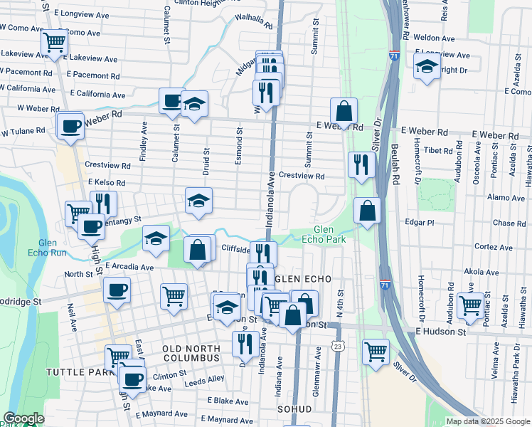 map of restaurants, bars, coffee shops, grocery stores, and more near 2779 Indianola Avenue in Columbus