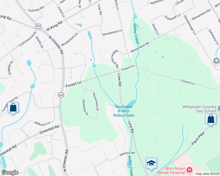 map of restaurants, bars, coffee shops, grocery stores, and more near 108 Tramore Circle in Malvern