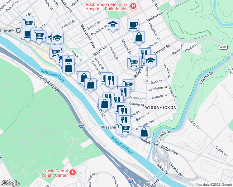 map of restaurants, bars, coffee shops, grocery stores, and more near 3828 Manor Street in Philadelphia