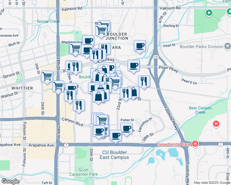 map of restaurants, bars, coffee shops, grocery stores, and more near 3233 Walnut Street in Boulder