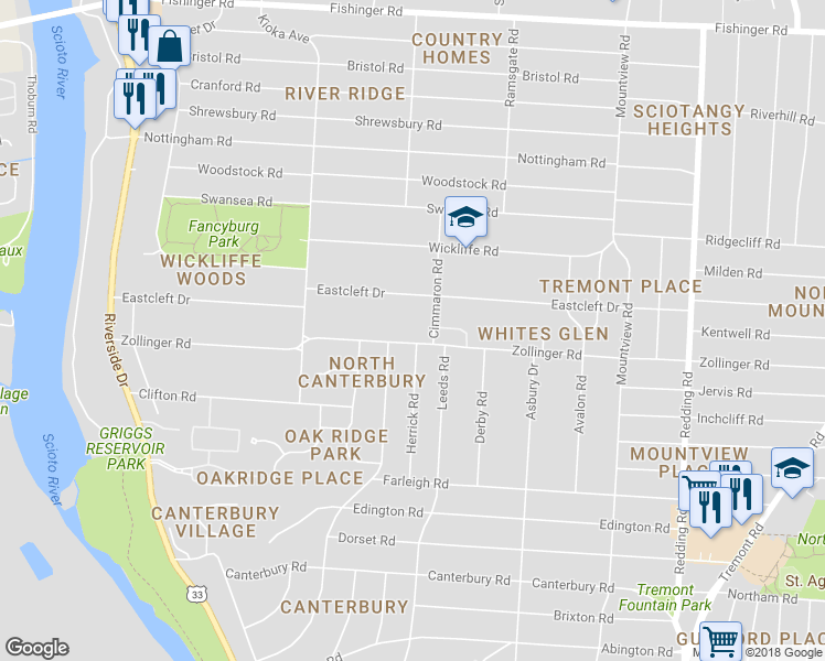 map of restaurants, bars, coffee shops, grocery stores, and more near 2518 Zollinger Road in Columbus