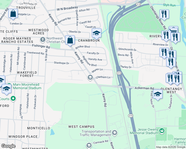 map of restaurants, bars, coffee shops, grocery stores, and more near 2982 Trentwood Road in Columbus