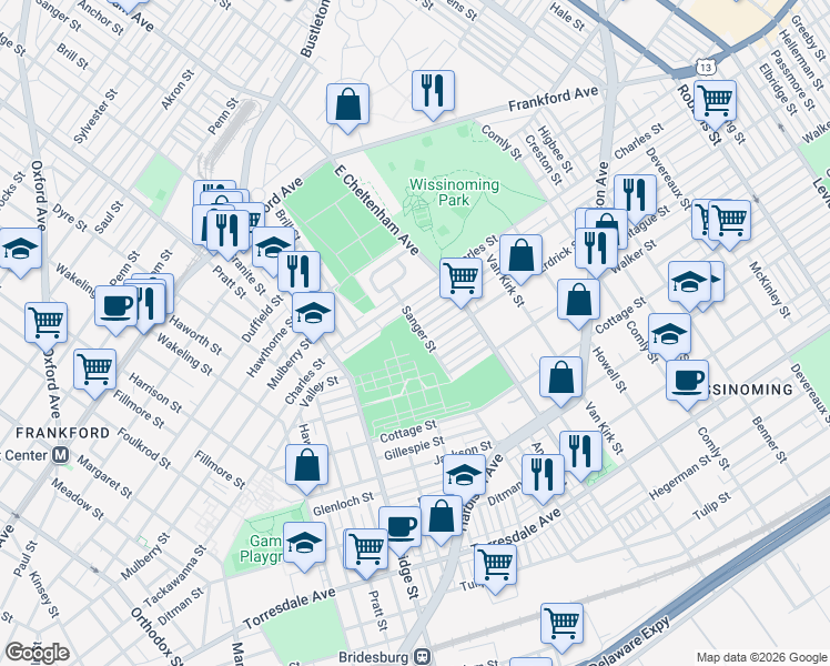 map of restaurants, bars, coffee shops, grocery stores, and more near 1836 East Sanger Street in Philadelphia
