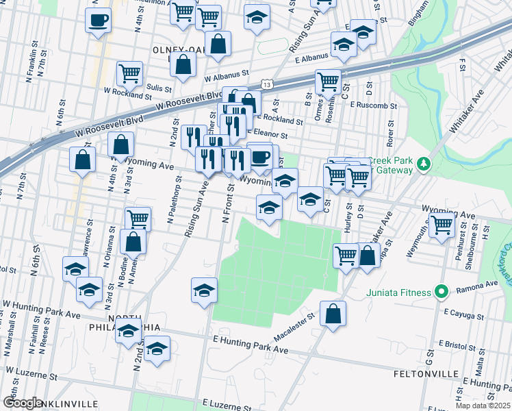 map of restaurants, bars, coffee shops, grocery stores, and more near 4616 A Street in Philadelphia
