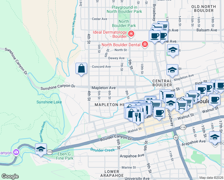 map of restaurants, bars, coffee shops, grocery stores, and more near 615 Highland Avenue in Boulder