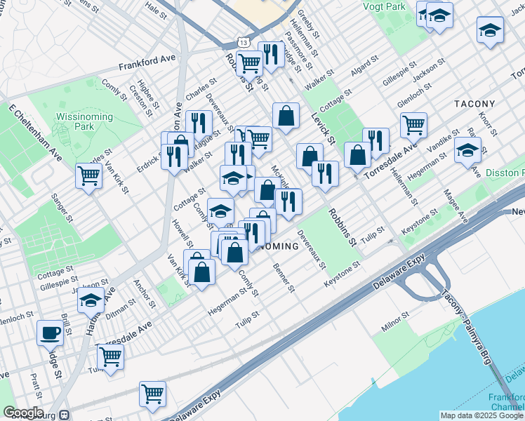 map of restaurants, bars, coffee shops, grocery stores, and more near 6139 Ditman Street in Philadelphia
