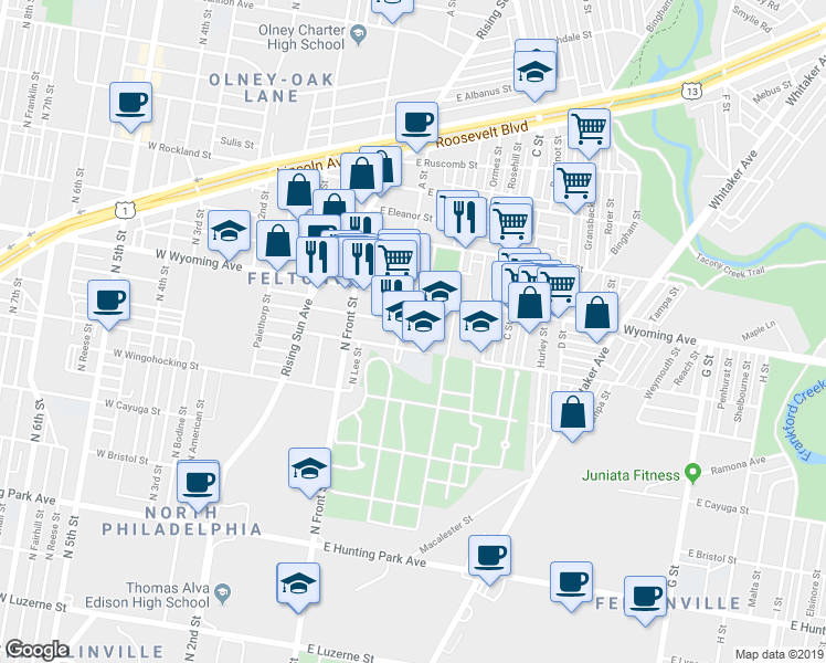 map of restaurants, bars, coffee shops, grocery stores, and more near 4617 Ella Street in Philadelphia