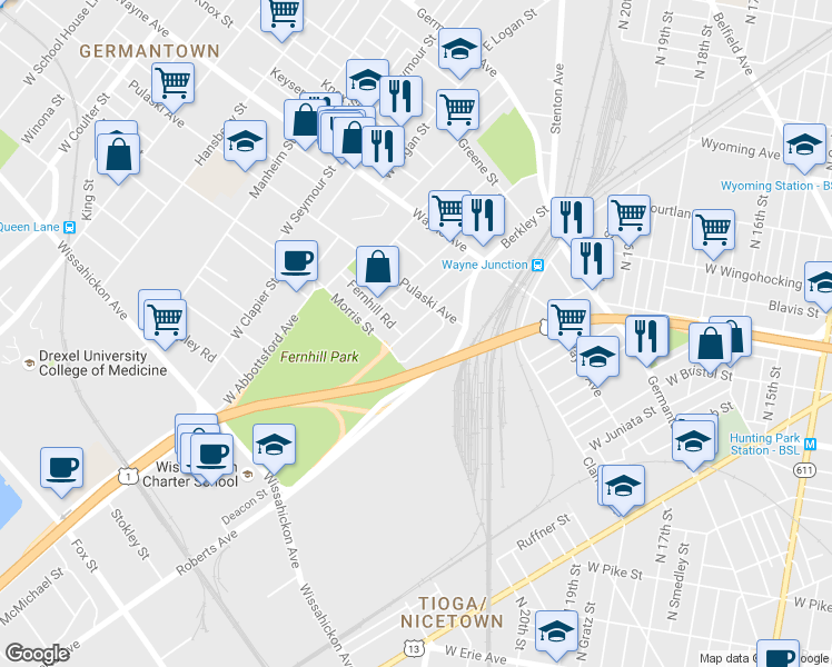 map of restaurants, bars, coffee shops, grocery stores, and more near in Philadelphia