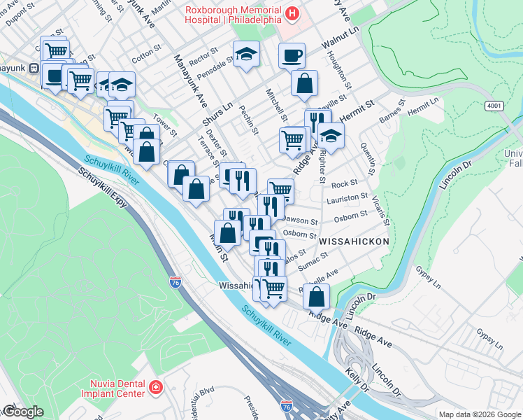 map of restaurants, bars, coffee shops, grocery stores, and more near 3816 Manor Street in Philadelphia