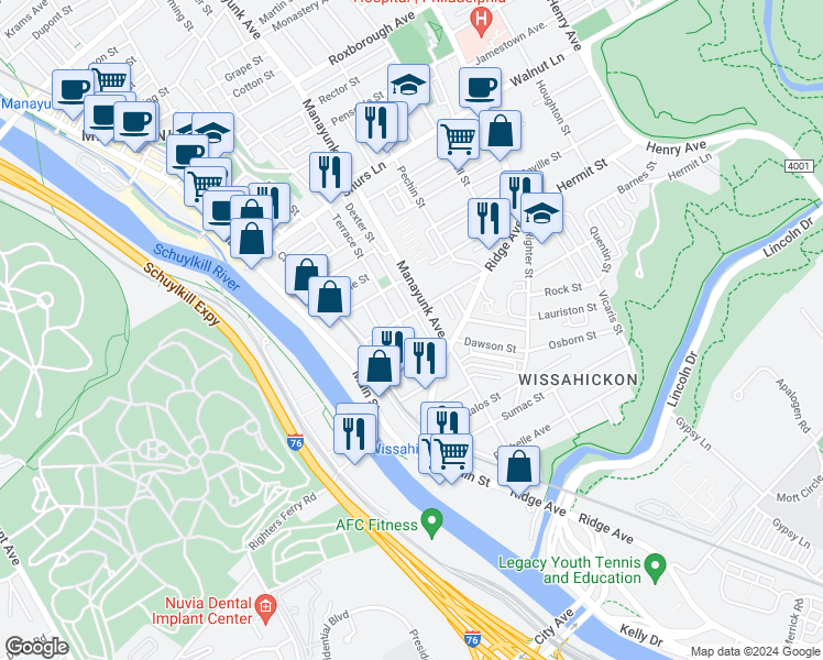 map of restaurants, bars, coffee shops, grocery stores, and more near 3816 Manor Street in Philadelphia