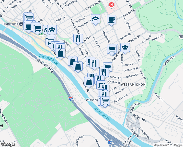 map of restaurants, bars, coffee shops, grocery stores, and more near 114 Salaignac Street in Philadelphia