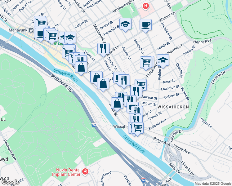 map of restaurants, bars, coffee shops, grocery stores, and more near 114 Salaignac Street in Philadelphia