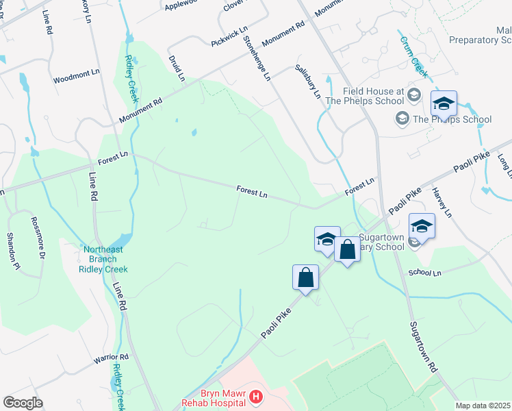 map of restaurants, bars, coffee shops, grocery stores, and more near 823 Forest Lane in Malvern