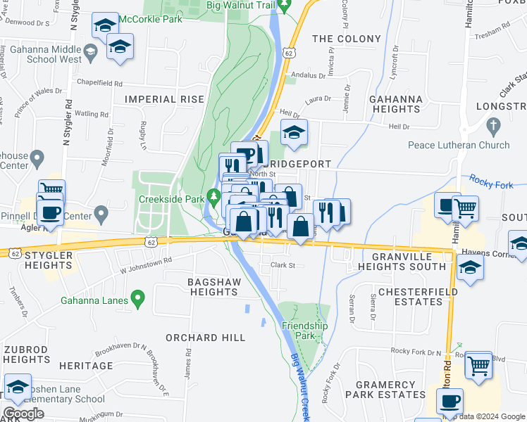 map of restaurants, bars, coffee shops, grocery stores, and more near 94 North High Street in Gahanna