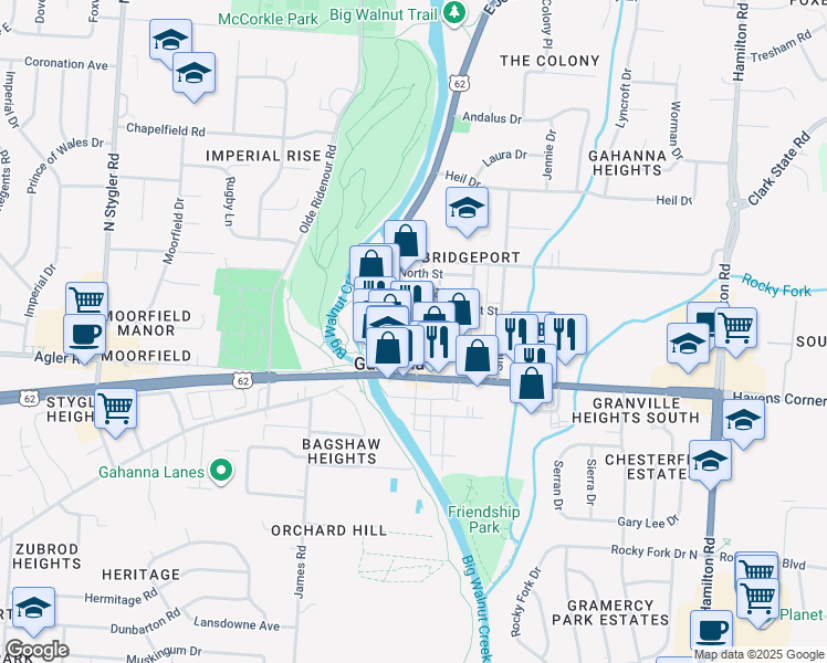 map of restaurants, bars, coffee shops, grocery stores, and more near 94 North High Street in Gahanna