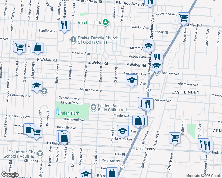 map of restaurants, bars, coffee shops, grocery stores, and more near 1500 Minnesota Avenue in Columbus