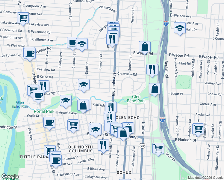 map of restaurants, bars, coffee shops, grocery stores, and more near 371 Olentangy Street in Columbus