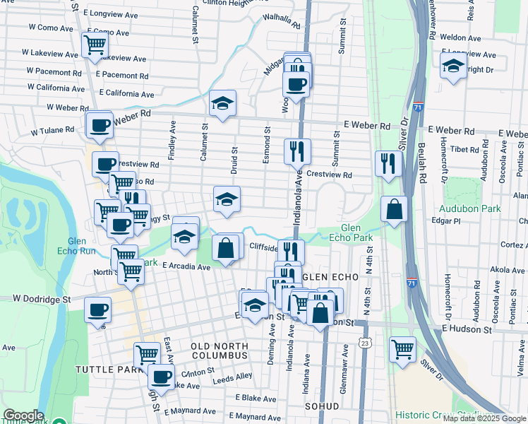 map of restaurants, bars, coffee shops, grocery stores, and more near 315 Olentangy Street in Columbus