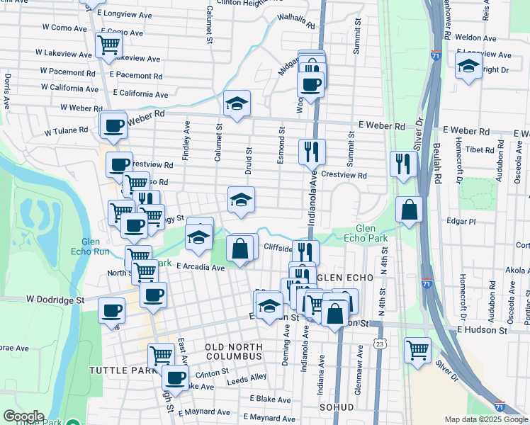 map of restaurants, bars, coffee shops, grocery stores, and more near 315 Olentangy Street in Columbus