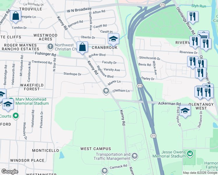 map of restaurants, bars, coffee shops, grocery stores, and more near 2982 Trentwood Road in Columbus