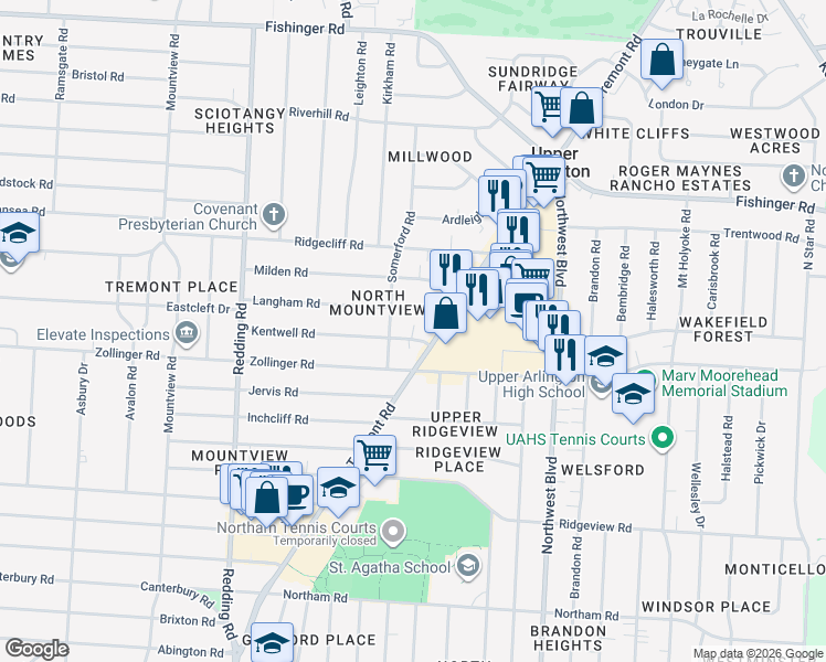 map of restaurants, bars, coffee shops, grocery stores, and more near 1860 Kentwell Road in Columbus
