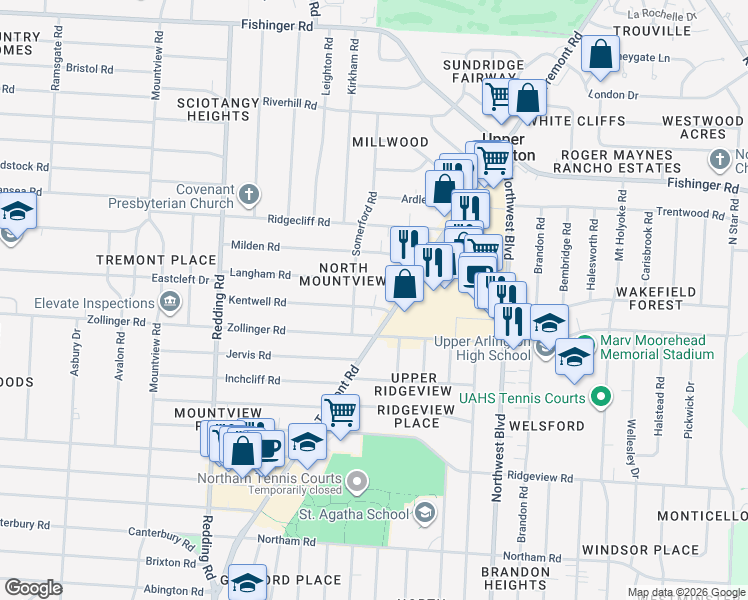 map of restaurants, bars, coffee shops, grocery stores, and more near 1860 Kentwell Road in Columbus