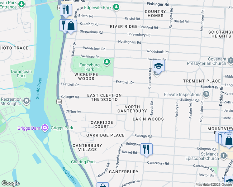 map of restaurants, bars, coffee shops, grocery stores, and more near 2628 Zollinger Road in Columbus