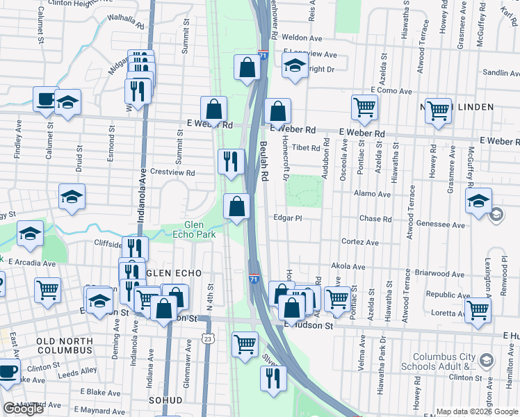 map of restaurants, bars, coffee shops, grocery stores, and more near 2725 Beulah Road in Columbus