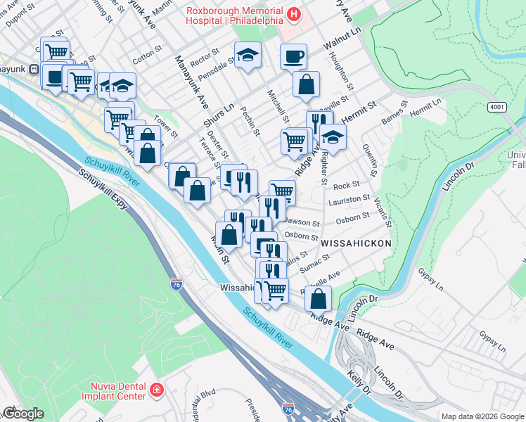 map of restaurants, bars, coffee shops, grocery stores, and more near 3816 Manor Street in Philadelphia