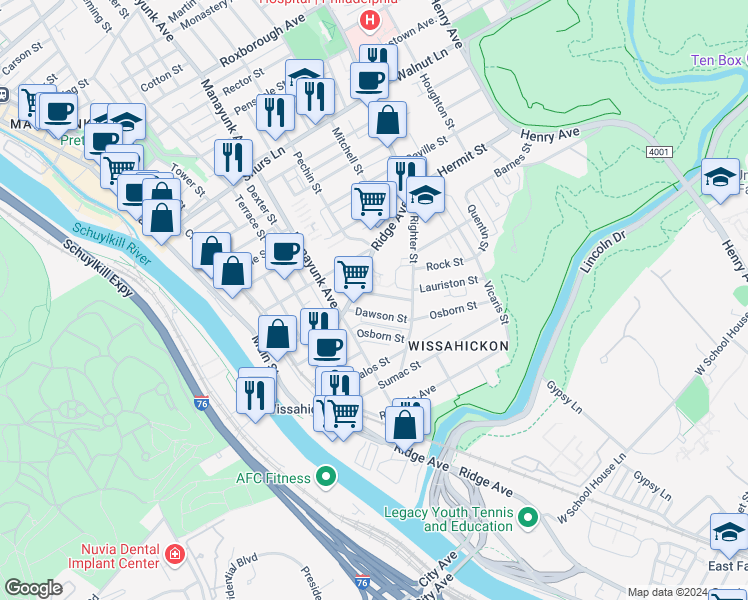 map of restaurants, bars, coffee shops, grocery stores, and more near 140 Lauriston Street in Philadelphia