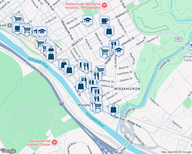 map of restaurants, bars, coffee shops, grocery stores, and more near 3816 Manor Street in Philadelphia