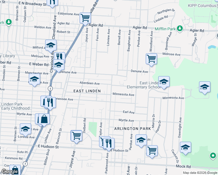 map of restaurants, bars, coffee shops, grocery stores, and more near 2533 Parkwood Avenue in Columbus