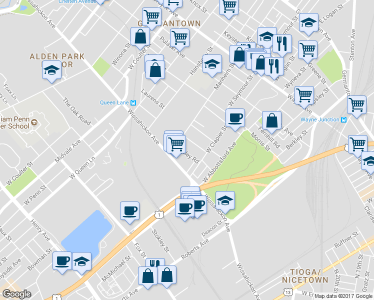 map of restaurants, bars, coffee shops, grocery stores, and more near 5035 Copley Road in Philadelphia