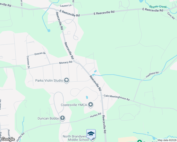 map of restaurants, bars, coffee shops, grocery stores, and more near 555 Reeceville Road in Coatesville