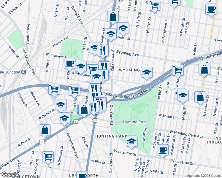 map of restaurants, bars, coffee shops, grocery stores, and more near 1301 West Cayuga Street in Philadelphia