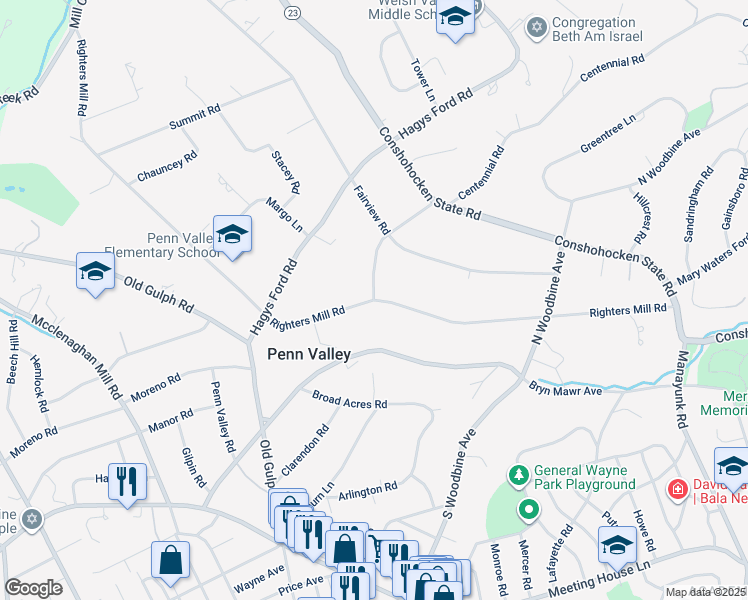map of restaurants, bars, coffee shops, grocery stores, and more near Righters Mill Road in Penn Valley