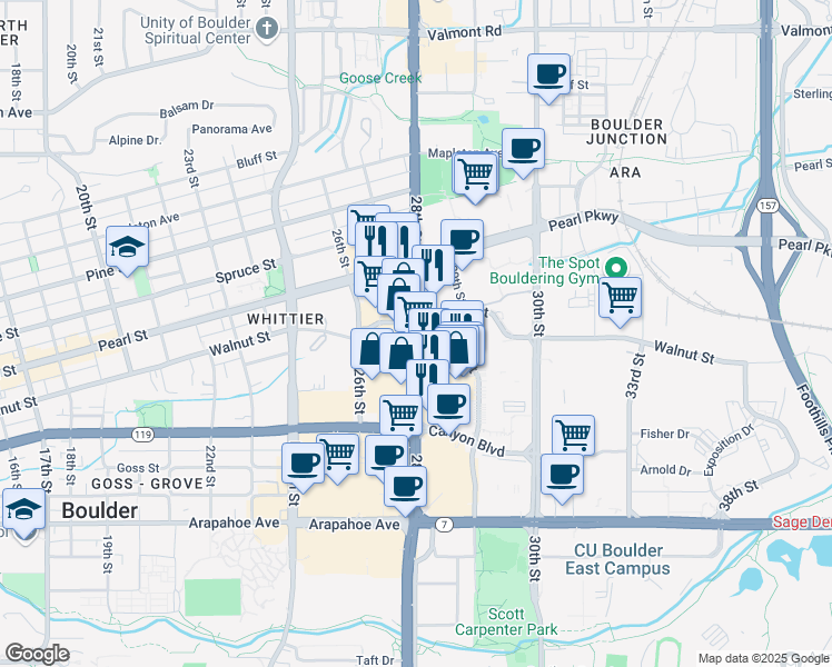 map of restaurants, bars, coffee shops, grocery stores, and more near 1960 28th Street in Boulder
