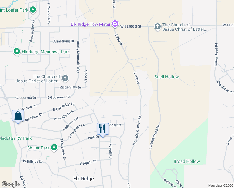 map of restaurants, bars, coffee shops, grocery stores, and more near 656 East Birch Lane in Elk Ridge