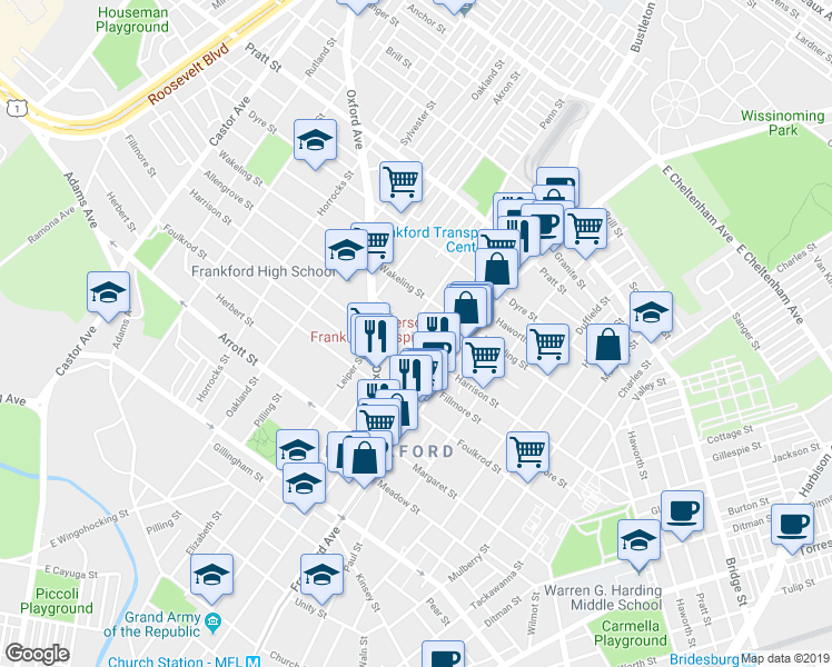 map of restaurants, bars, coffee shops, grocery stores, and more near 4911 Penn Street in Philadelphia