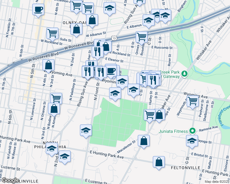 map of restaurants, bars, coffee shops, grocery stores, and more near 4622 Ella Street in Philadelphia