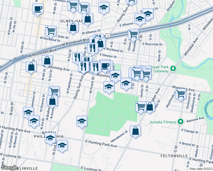 map of restaurants, bars, coffee shops, grocery stores, and more near 4617 A Street in Philadelphia